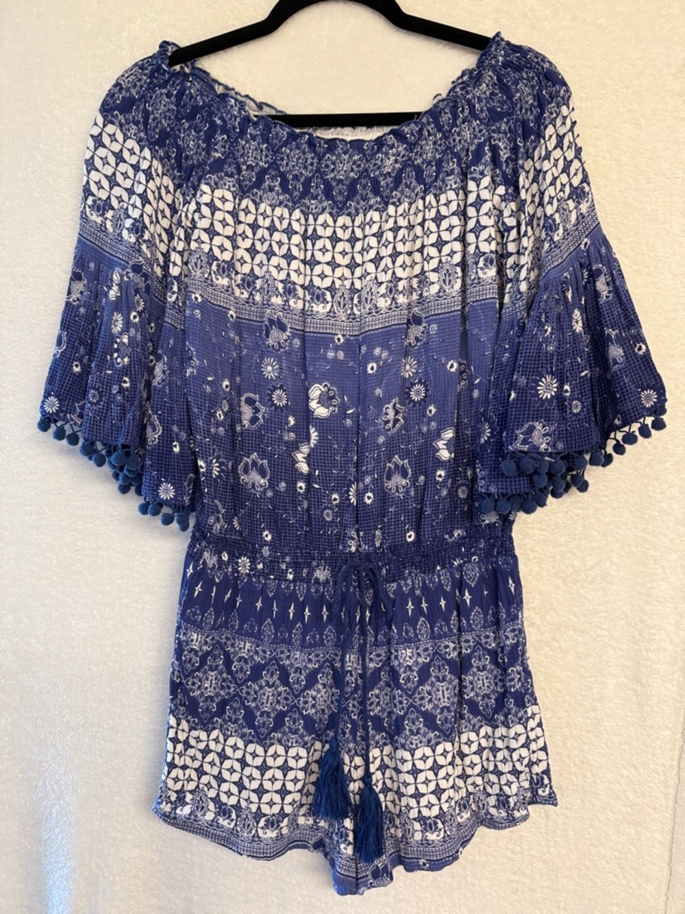 Blue/White Raga Off-Shoulder Romper with Tassel Tie, elastic & drawstring waist